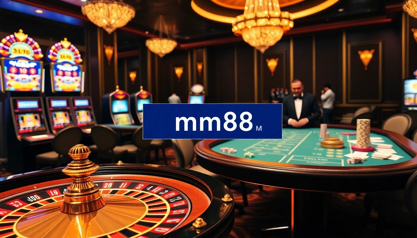 Exciting casino scene showcasing the mm88 link with roulette wheel and poker chips.