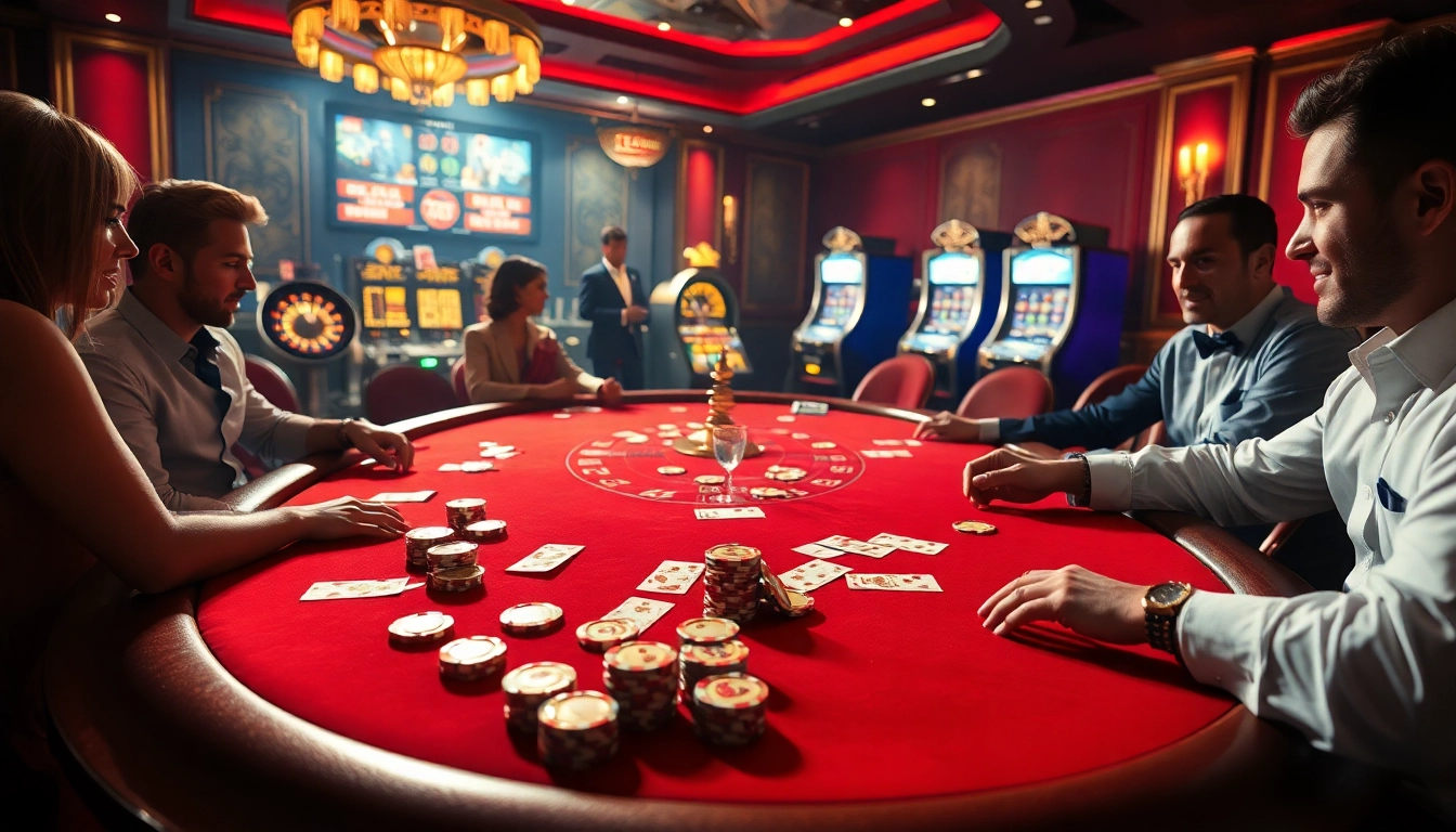 Experience the excitement of rikvip with a vibrant casino scene showcasing poker chips and a roulette wheel.