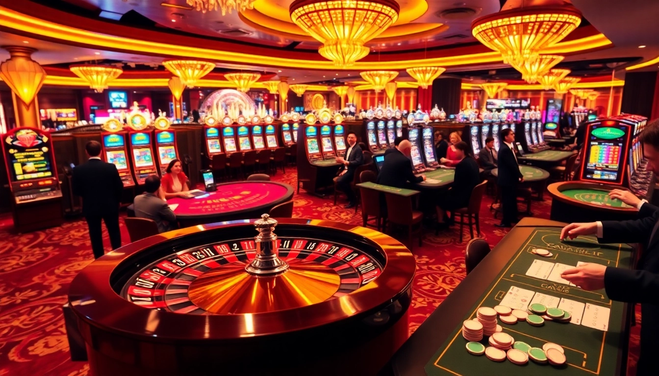 Exciting casino atmosphere with players enjoying table games at nhà cái 789club, showcasing roulette, cards, and poker chips.