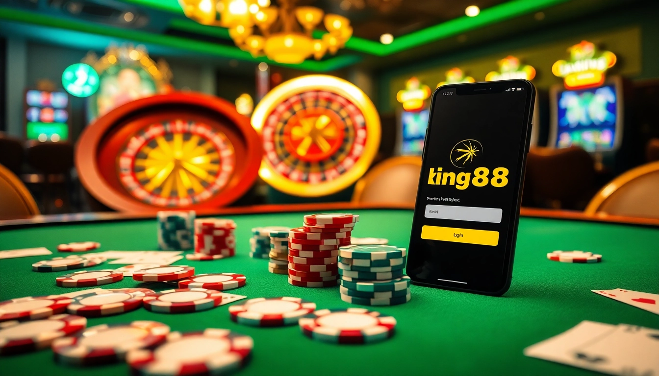 Experience the excitement of king88 đăng nhập through vibrant casino visuals with poker chips and slot machines.