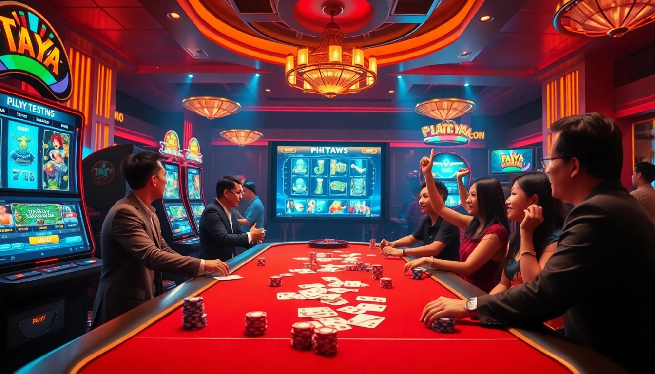 PHTAYA players celebrating wins at an exhilarating online casino scene with vibrant slot machines.