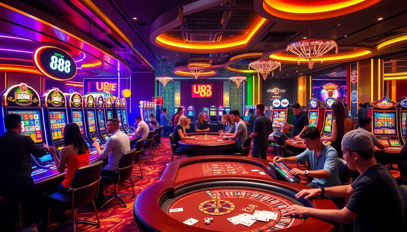 Engaging casino scene at U 888 featuring diverse players, vibrant lights, and gaming excitement.