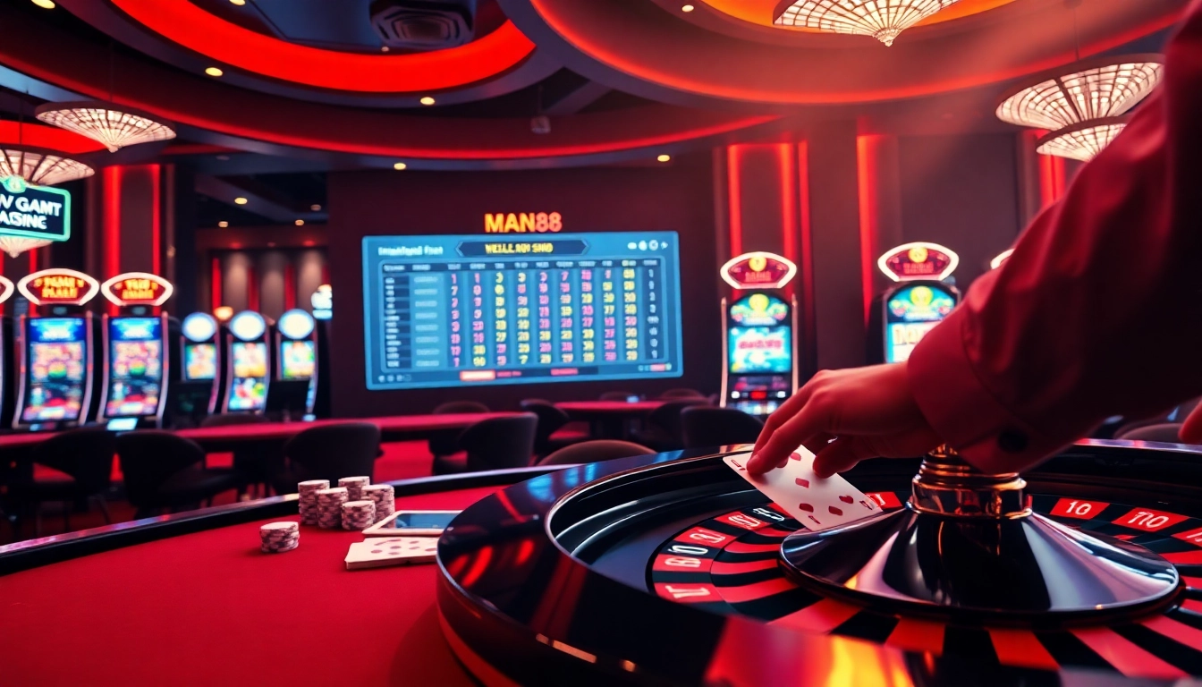 Exciting scene of nhà cái Man88 showcasing vibrant online gambling with poker chips and a roulette wheel.