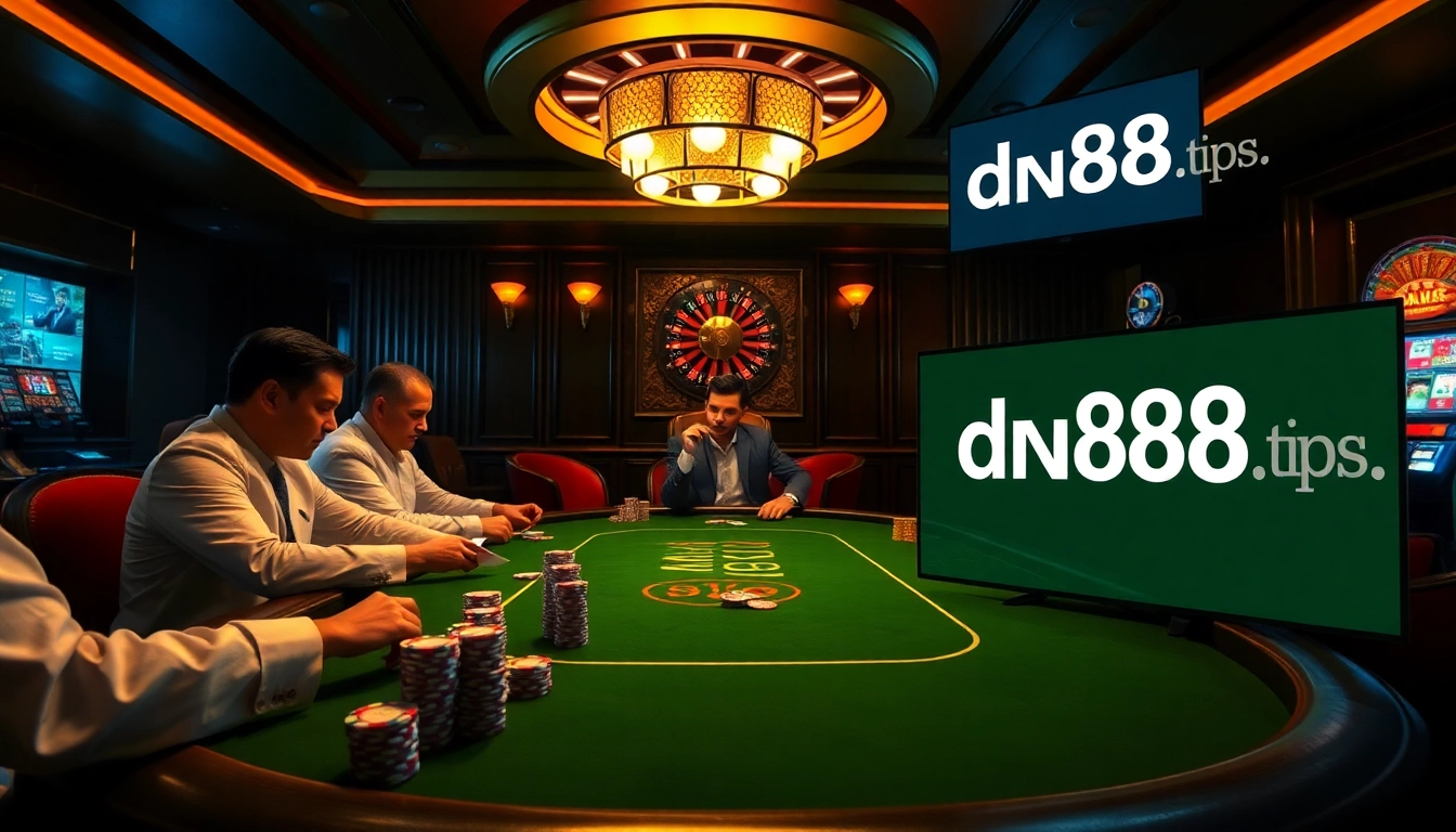 Players engaged at a poker table in a luxurious casino setting, featuring dn88.tips branding.