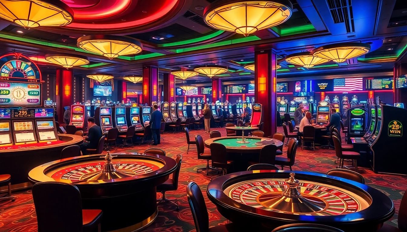 Players enjoying diverse games at 23win's luxurious casino, showcasing excitement and engagement.