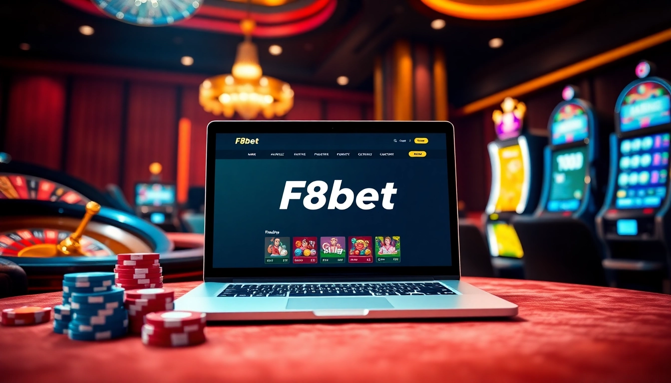 Interaction with F8bet online casino platform featuring roulette and poker chips in a vibrant setting.