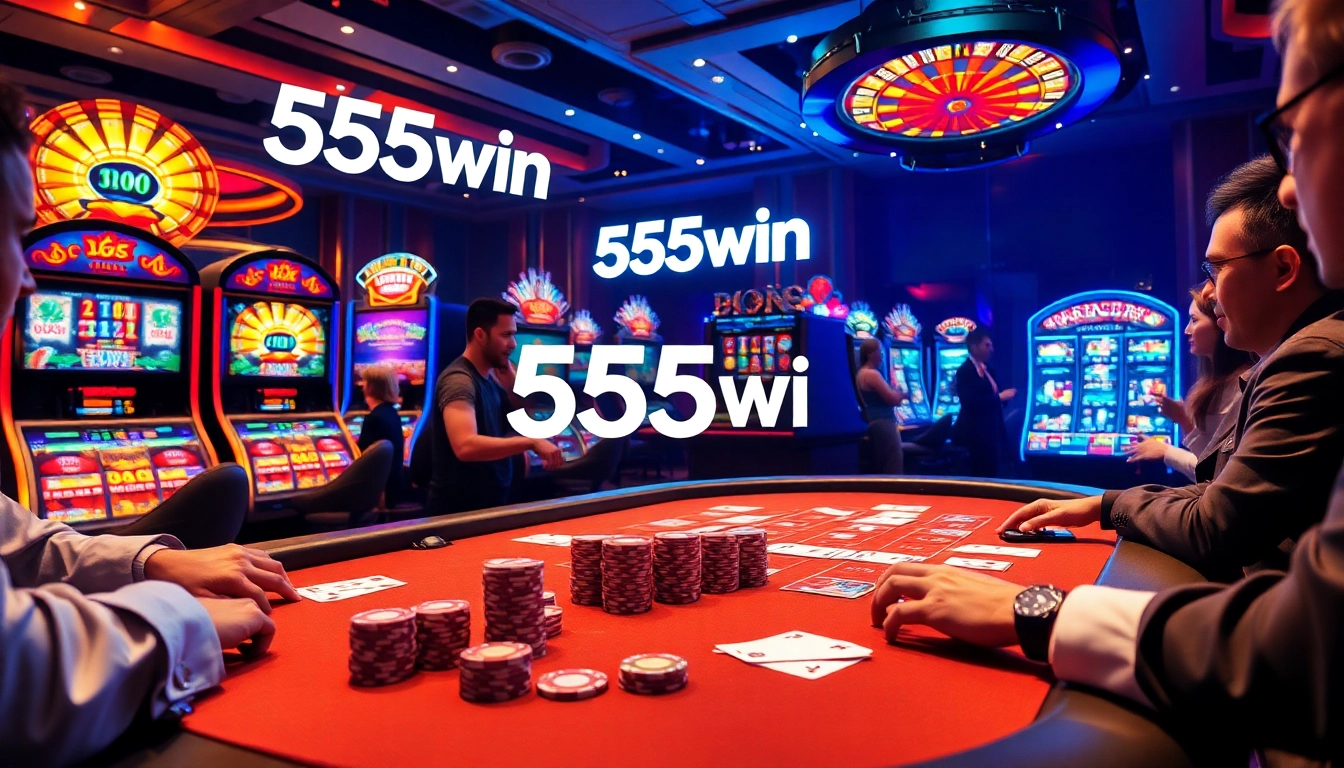 Experience the thrill of gambling at 555win with vibrant casino visuals of poker tables and slot machines.