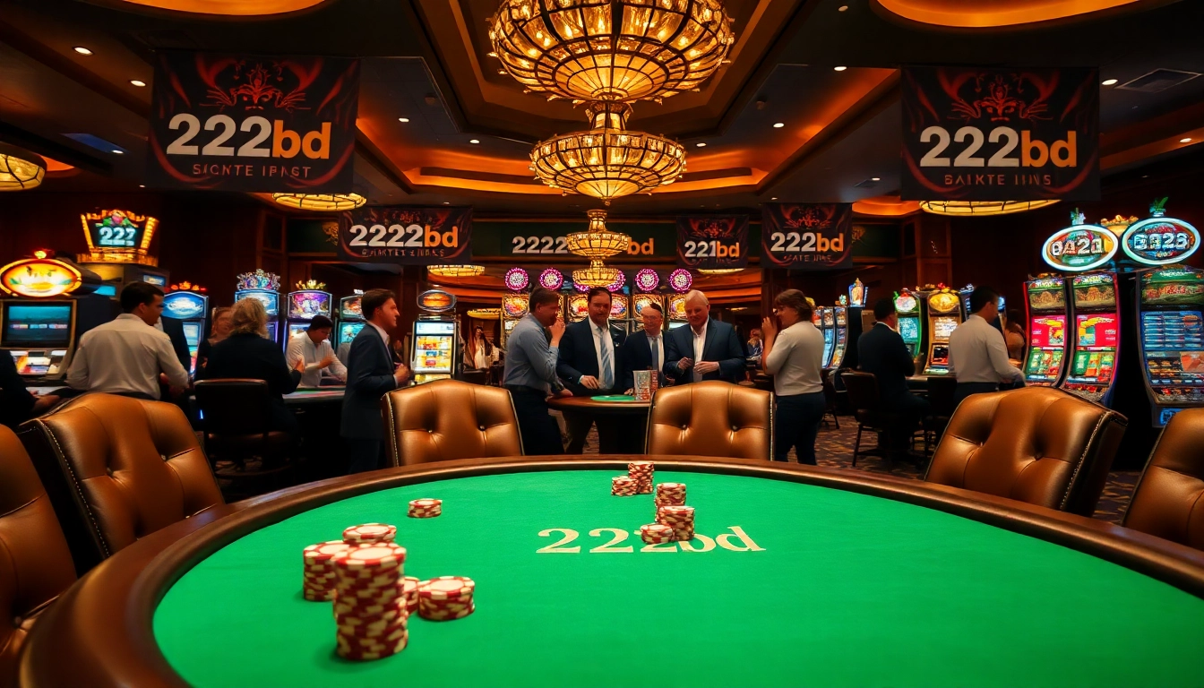 Excited gamblers at a poker table showcasing 222bd branding in a luxurious casino setting.
