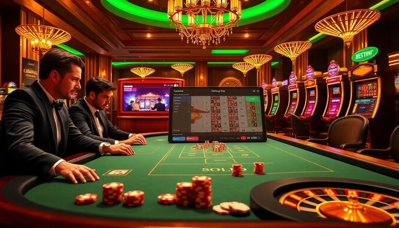 Betting Online Now scene depicting professional gamblers at a poker table and a dynamic online betting interface.