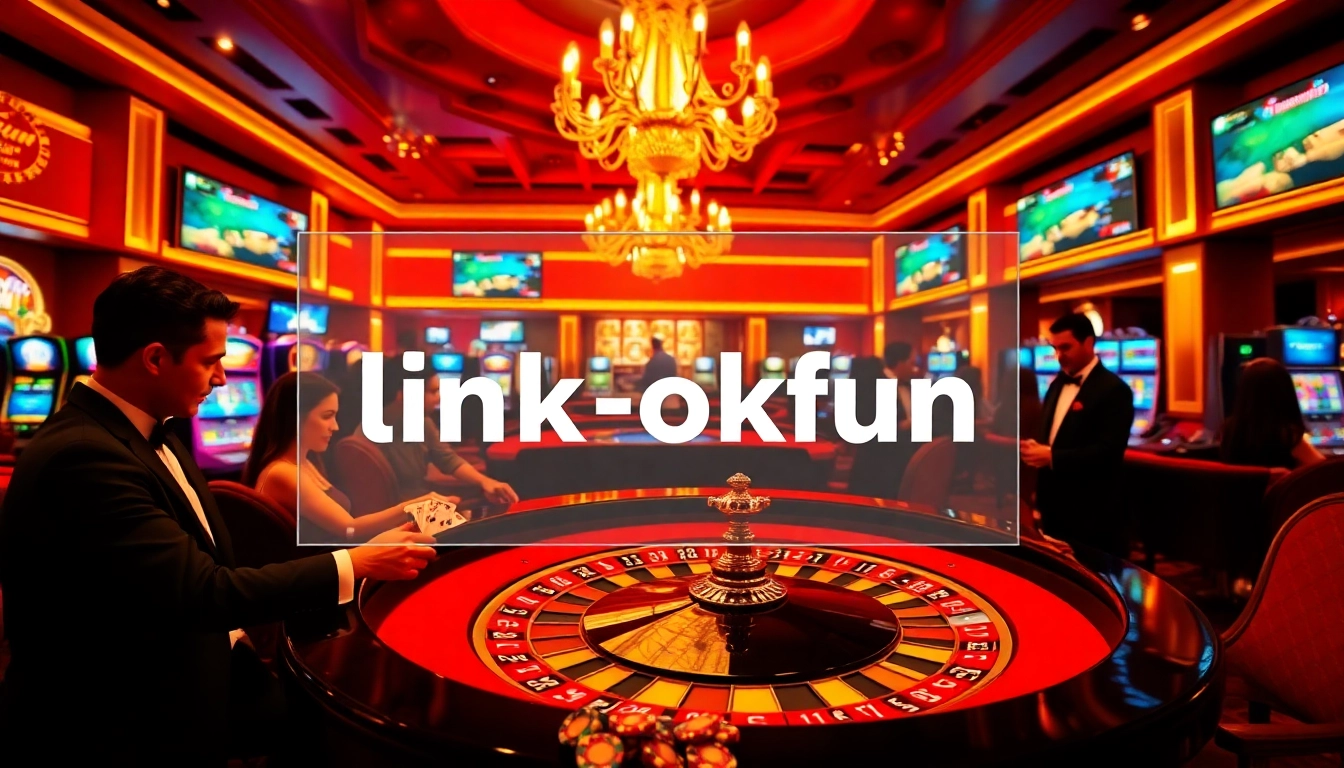 A thrilling scene at a casino table capturing players engaging in vibrant games, featuring 'link okfun' on the online betting interface.
