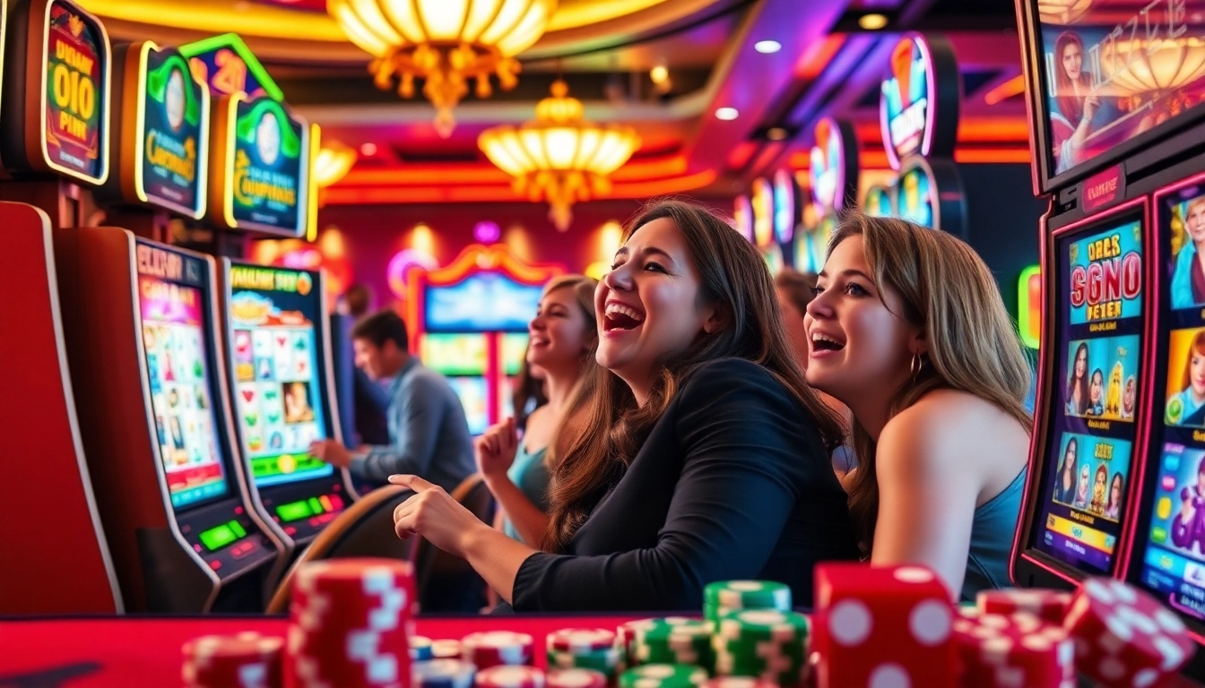 Players engaging with vivid slot machines in a luxurious casino environment.