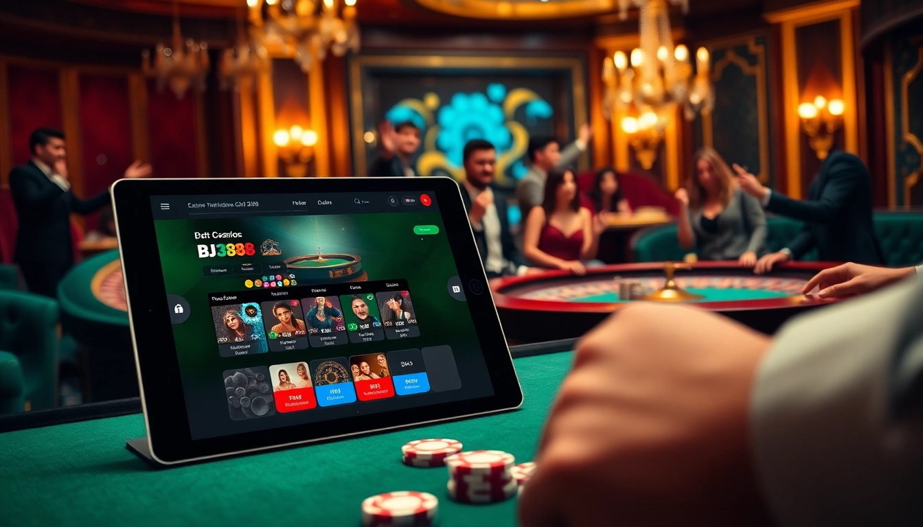 Experience luxury gaming at BJ388 with an elegant online gambling interface and celebratory players.
