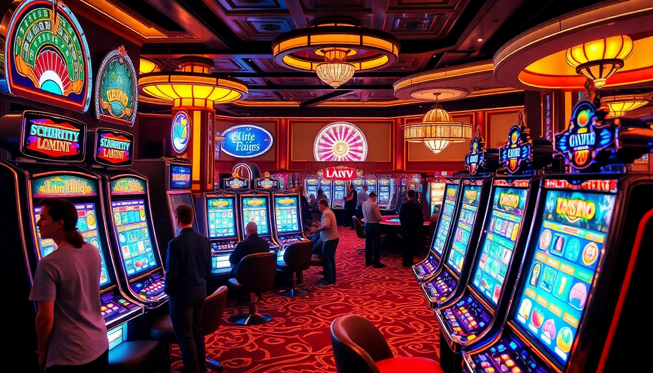 Players enjoying exciting slot machines on a bustling casino floor.