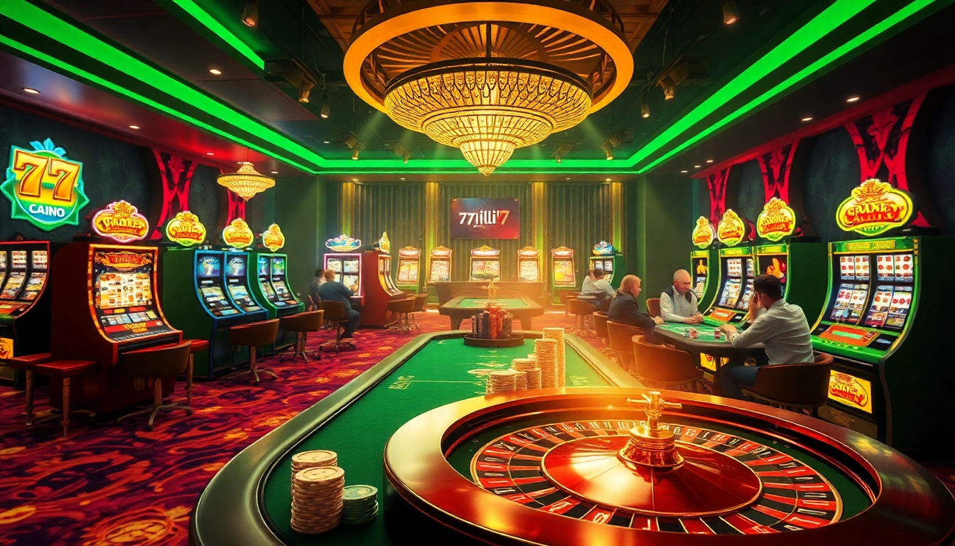 Engaging gaming atmosphere at 77jili7 com with vibrant casino tables and excited players.