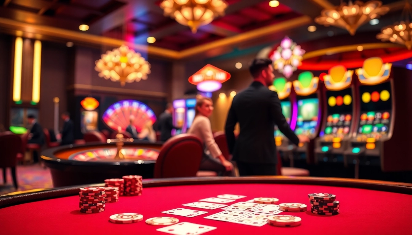 Experience the thrill of betting at nhà cái RR88 with a vibrant casino scene showing poker, roulette, and slot machines.