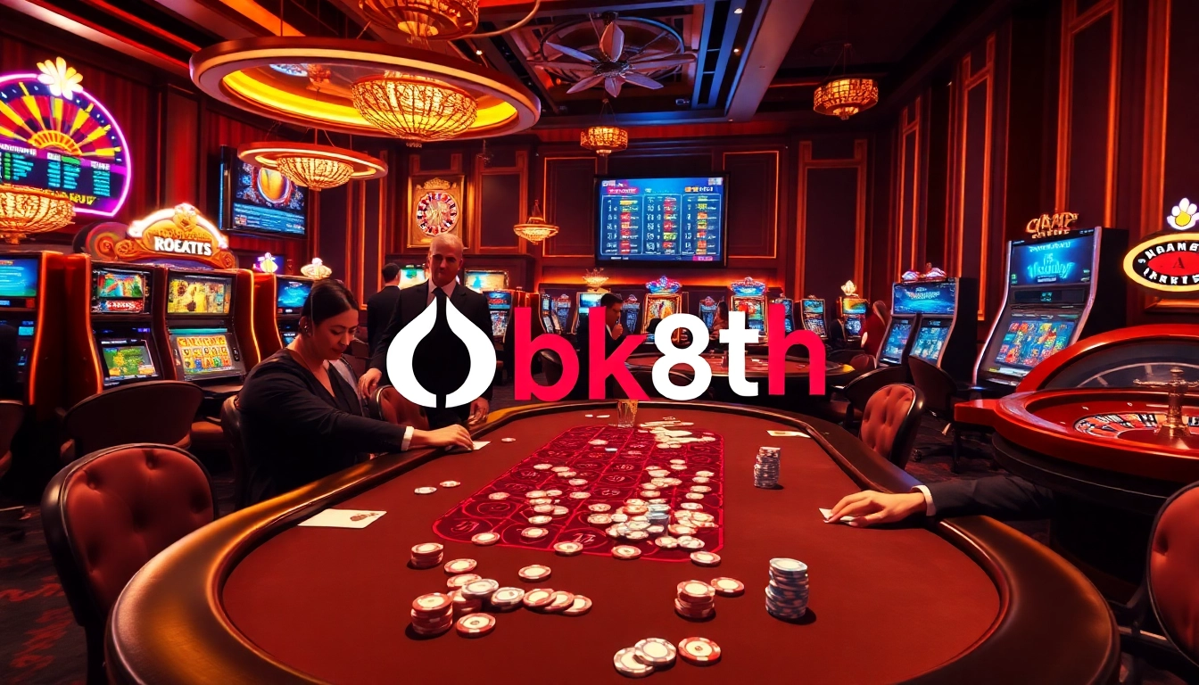 Experience high-stakes excitement at a luxurious bk8th poker table with professional players and colorful chips.