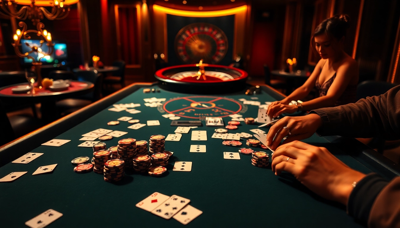 Engaging players enjoying a game bài session at an elegant casino table.