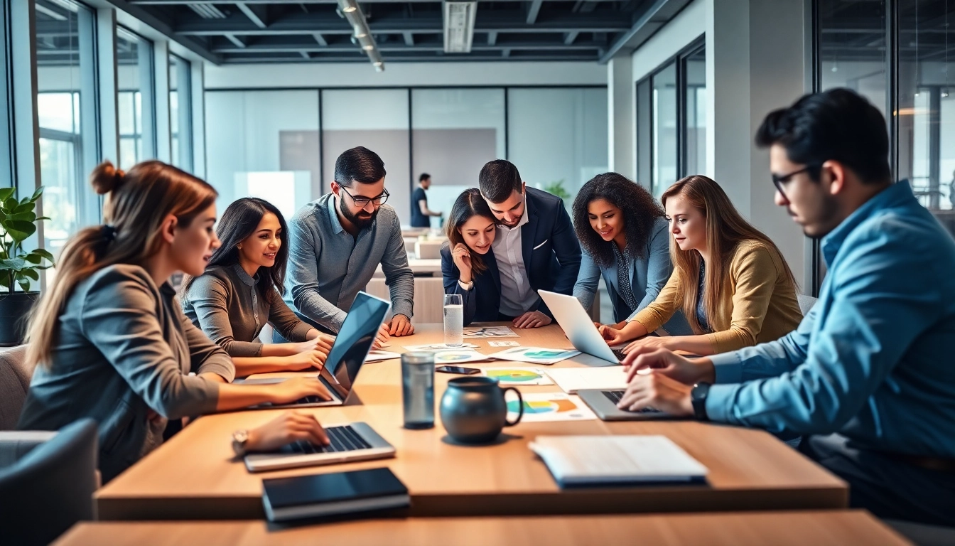 Engaged team at a Marketing Agency brainstorming in a bright, modern office space.