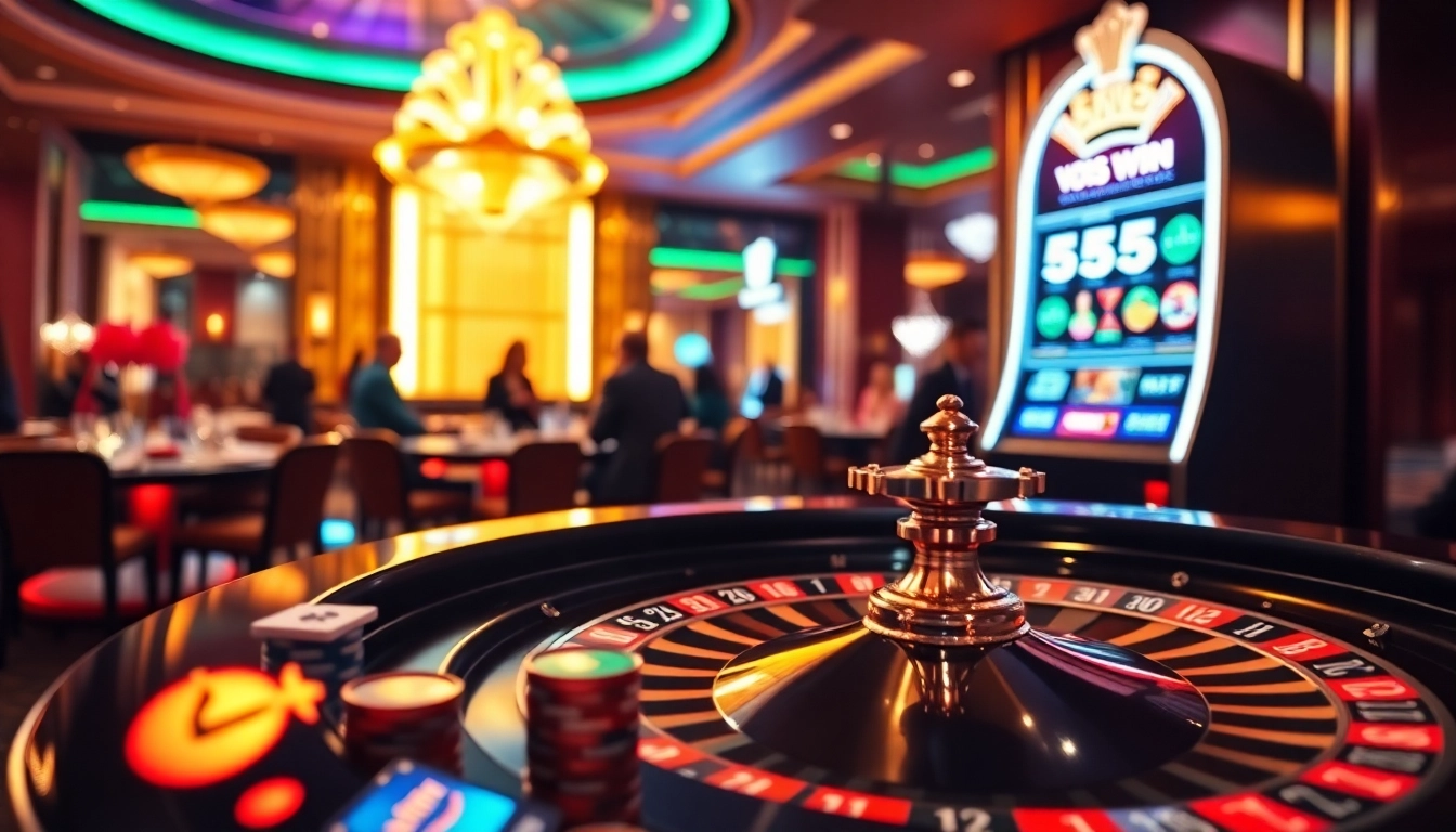 Experience the thrill of winning at 555 win in a luxurious casino atmosphere with roulette and slot machines.